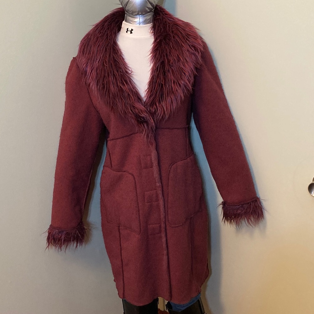 Long Reversible Teddy Coat in Burgundy with Faux Fur Trim - Picture 5 of 14